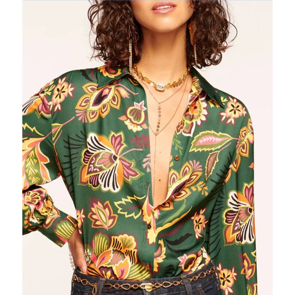 RAMY BROOK Top NEW Size XS Eliza Button Down $325 Green Yellow Tropical - Picture 6 of 6